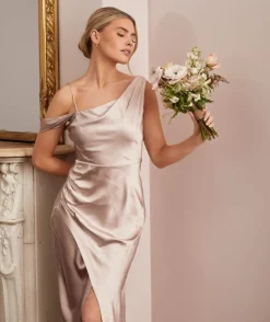 Sale Six Stories Asymmetrical Bardot Strap Satin Bridesmaid Dress - Oyster