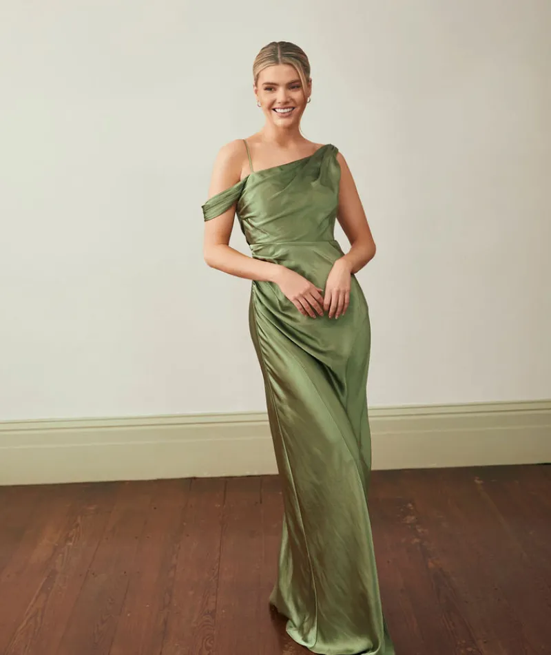 New Six Stories Asymmetrical Bardot Strap Satin Bridesmaid Dress - Moss Green