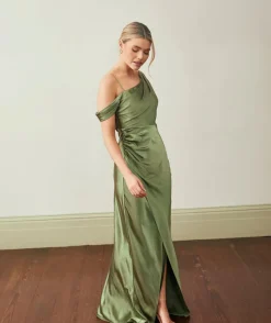 New Six Stories Asymmetrical Bardot Strap Satin Bridesmaid Dress - Moss Green