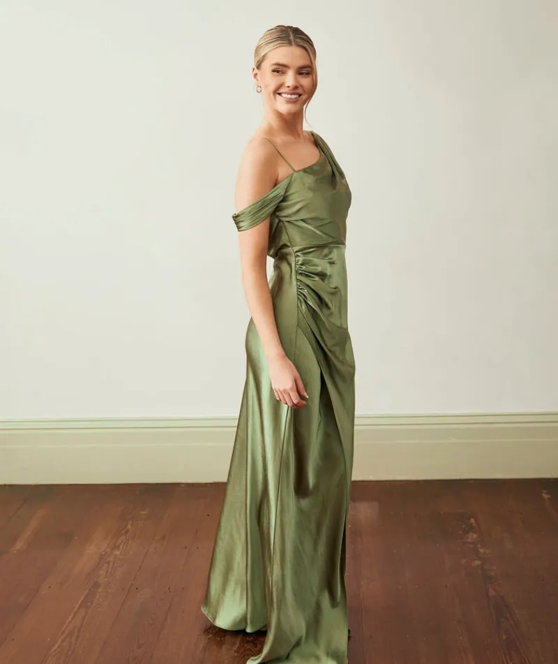 New Six Stories Asymmetrical Bardot Strap Satin Bridesmaid Dress - Moss Green