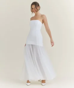 Clearance Six Stories Bandeau Drop Waist Maxi Dress – White