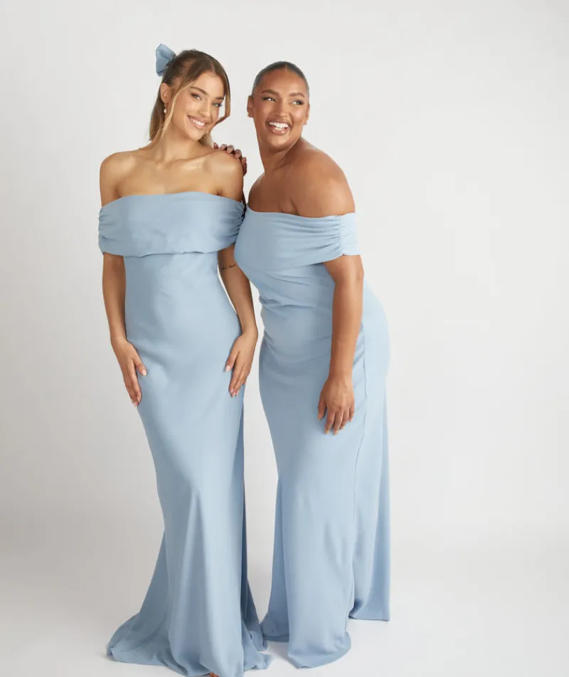 Best Six Stories Bardot Gathered Crepe Bridesmaid Dress - Pale Blue
