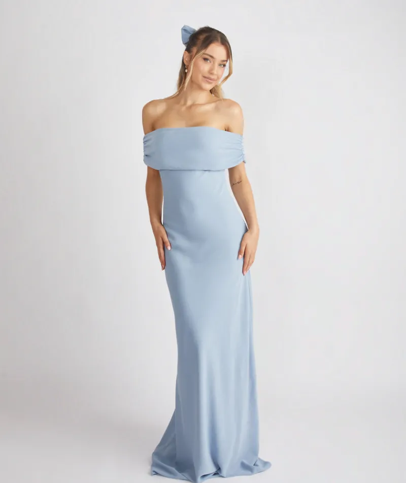 Best Six Stories Bardot Gathered Crepe Bridesmaid Dress - Pale Blue