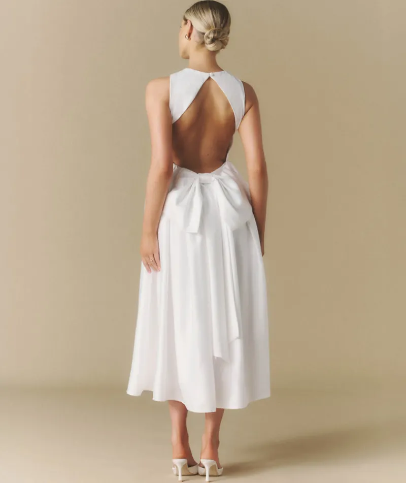 Sale Six Stories Bow Back Dropped Waist Midi Dress - White