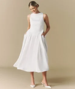 Sale Six Stories Bow Back Dropped Waist Midi Dress - White