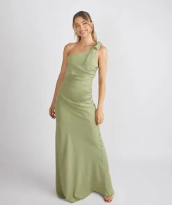 Six Stories Bow One Shoulder Gathered Crepe Bridesmaid Dress - Sage