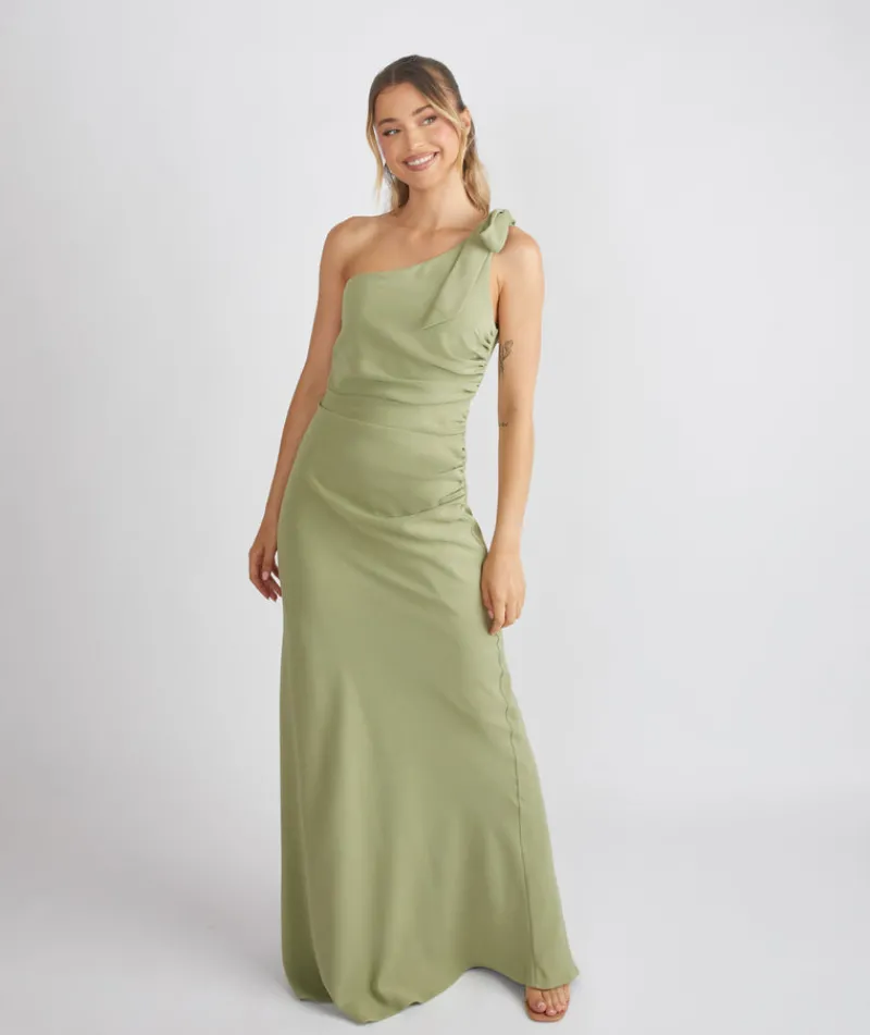 Six Stories Bow One Shoulder Gathered Crepe Bridesmaid Dress - Sage