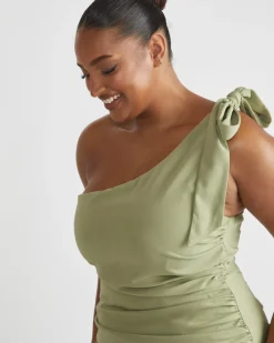 Six Stories Bow One Shoulder Gathered Crepe Bridesmaid Dress - Sage