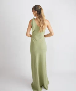 Six Stories Bow One Shoulder Gathered Crepe Bridesmaid Dress - Sage