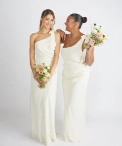 Hot Six Stories Bow One Shoulder Gathered Crepe Bridesmaid Dress - Almond