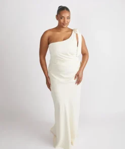 Hot Six Stories Bow One Shoulder Gathered Crepe Bridesmaid Dress - Almond