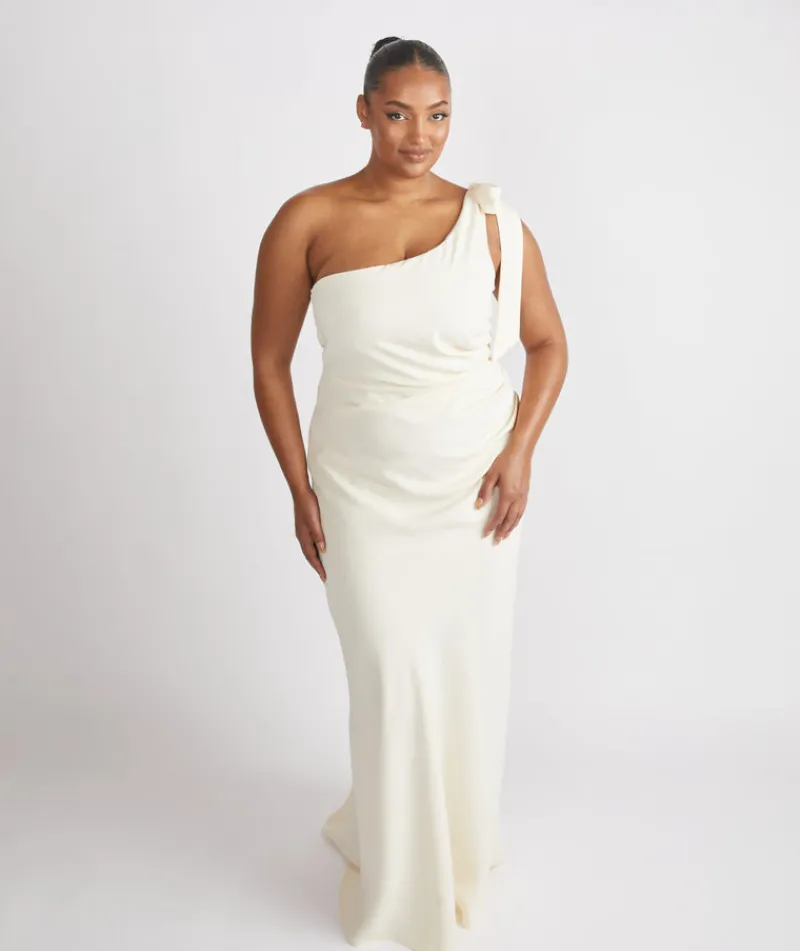 Hot Six Stories Bow One Shoulder Gathered Crepe Bridesmaid Dress - Almond