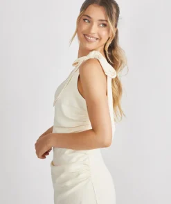 Hot Six Stories Bow One Shoulder Gathered Crepe Bridesmaid Dress - Almond