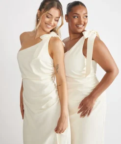 Hot Six Stories Bow One Shoulder Gathered Crepe Bridesmaid Dress - Almond