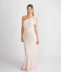 Hot Six Stories Bow One Shoulder Gathered Crepe Bridesmaid Dress - Blush