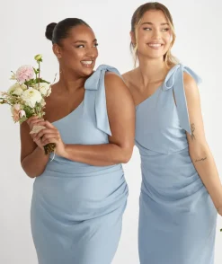 Sale Six Stories Bow One Shoulder Gathered Crepe Bridesmaid Dress - Pale Blue