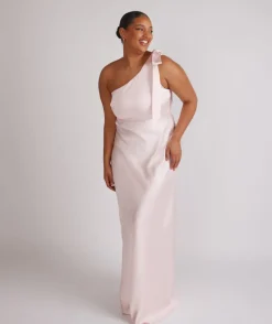 Hot Six Stories Bow One Shoulder Satin Bridesmaid Dress - Pale Pink