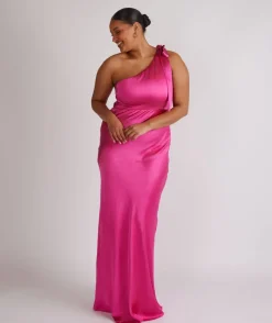 Outlet Six Stories Bow One Shoulder Satin Bridesmaid Dress - Fuchsia Pink