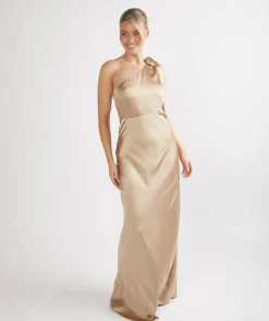 Clearance Six Stories Bow One Shoulder Satin Bridesmaid Dress - Champagne