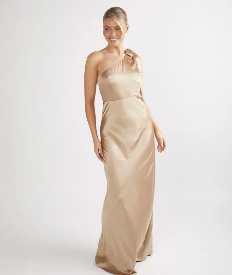 Clearance Six Stories Bow One Shoulder Satin Bridesmaid Dress - Champagne