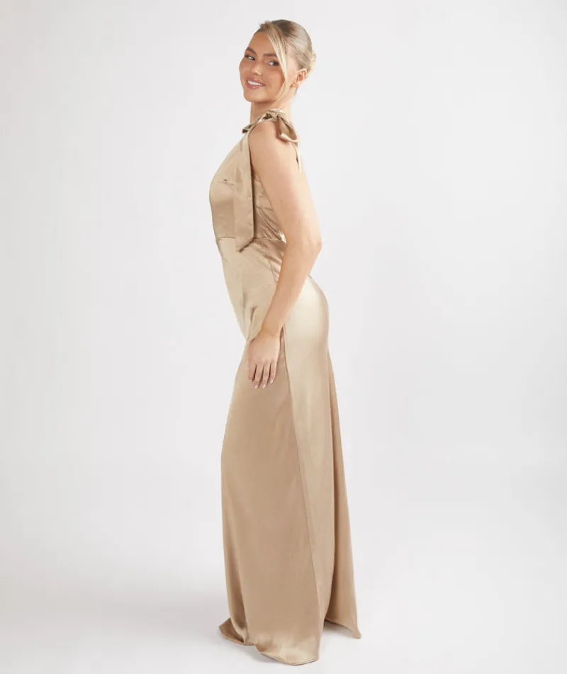Clearance Six Stories Bow One Shoulder Satin Bridesmaid Dress - Champagne
