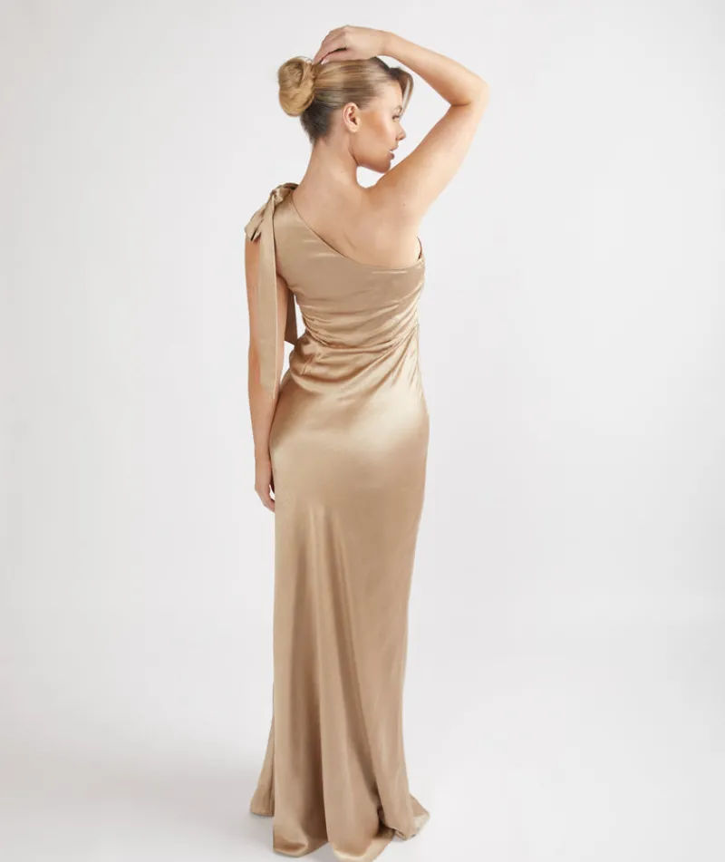 Clearance Six Stories Bow One Shoulder Satin Bridesmaid Dress - Champagne