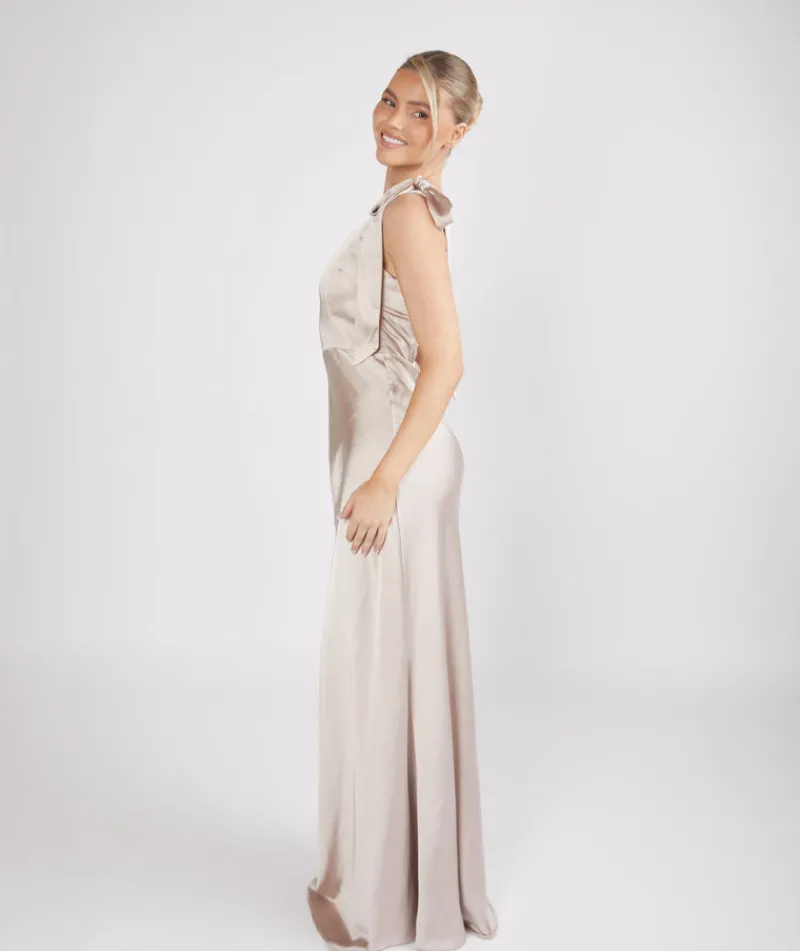 Six Stories Bow One Shoulder Satin Bridesmaid Dress - Oyster