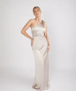 Six Stories Bow One Shoulder Satin Bridesmaid Dress - Oyster