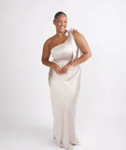 Six Stories Bow One Shoulder Satin Bridesmaid Dress - Oyster