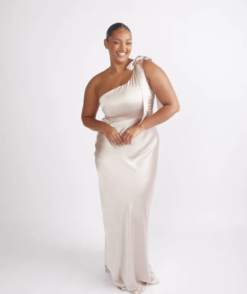 Six Stories Bow One Shoulder Satin Bridesmaid Dress - Oyster