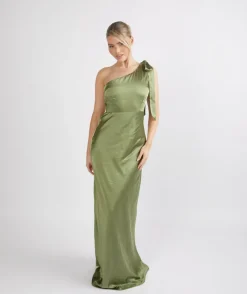 Discount Six Stories Bow One Shoulder Satin Bridesmaid Dress - Moss Green
