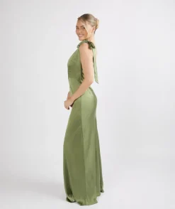 Discount Six Stories Bow One Shoulder Satin Bridesmaid Dress - Moss Green