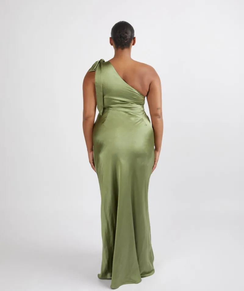 Discount Six Stories Bow One Shoulder Satin Bridesmaid Dress - Moss Green