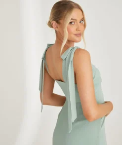 Hot Six Stories Bow Tie Shoulder Chiffon Bridesmaid Dress - Sage