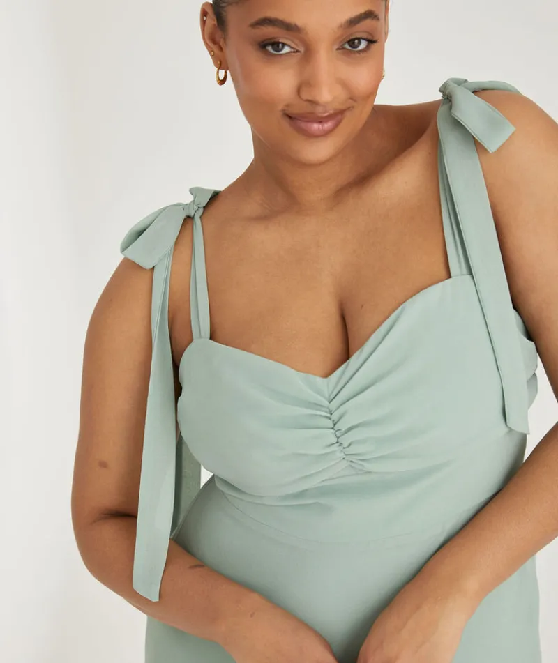 Hot Six Stories Bow Tie Shoulder Chiffon Bridesmaid Dress - Sage