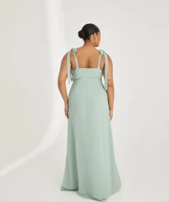 Hot Six Stories Bow Tie Shoulder Chiffon Bridesmaid Dress - Sage
