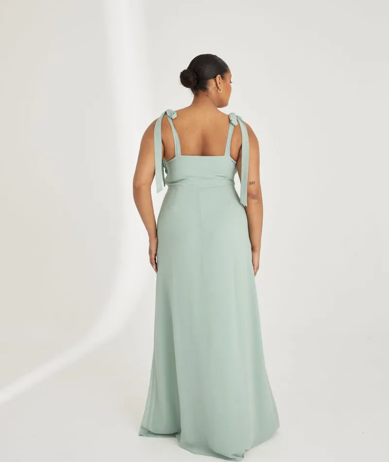 Hot Six Stories Bow Tie Shoulder Chiffon Bridesmaid Dress - Sage
