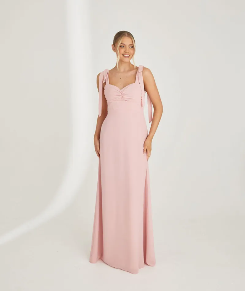 Discount Six Stories Bow Tie Shoulder Chiffon Bridesmaid Dress - Peony Pink