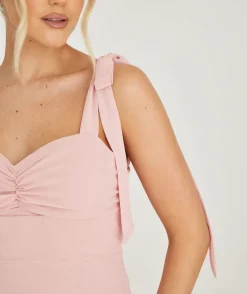 Discount Six Stories Bow Tie Shoulder Chiffon Bridesmaid Dress - Peony Pink