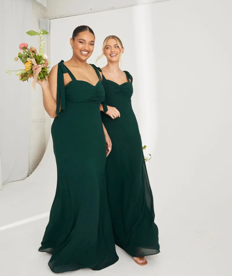 Best Six Stories Bow Tie Shoulder Chiffon Bridesmaid Dress - Emerald