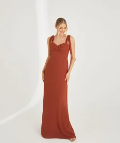 Clearance Six Stories Bow Tie Shoulder Chiffon Bridesmaid Dress - Rust