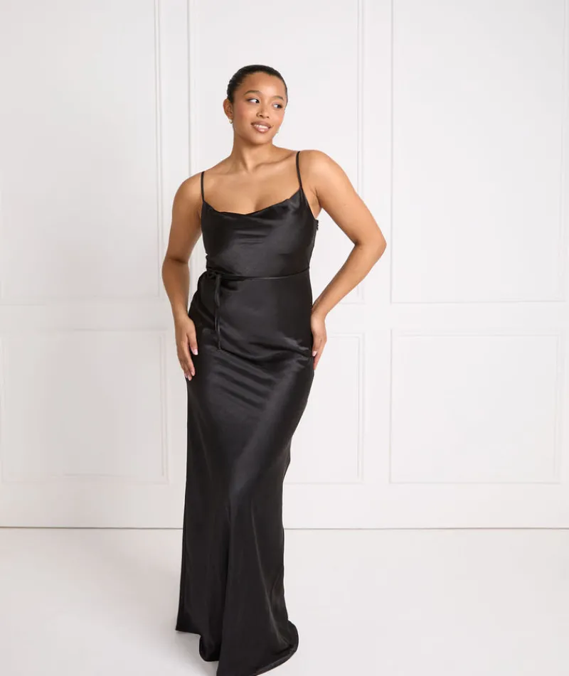 Sale Six Stories Cami Cowl Front Satin Bridesmaid Dress - Black