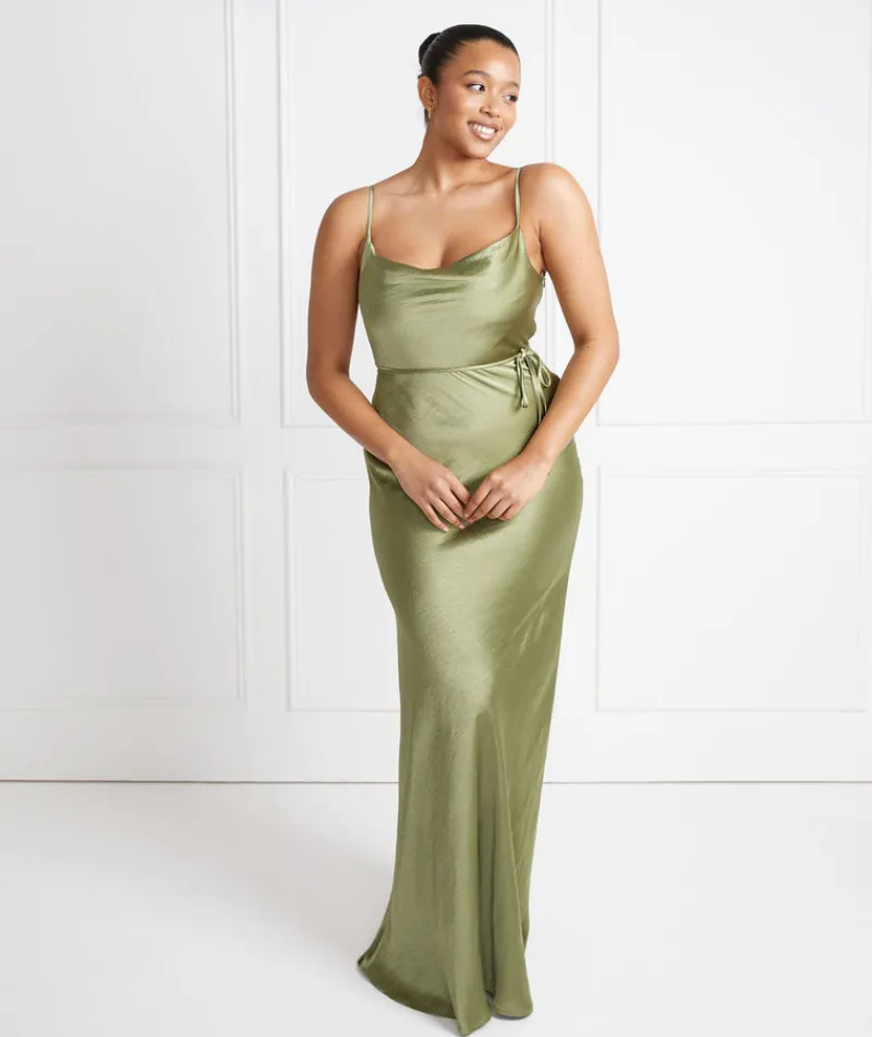Six Stories Cami Cowl Front Satin Bridesmaid Dress - Moss Green