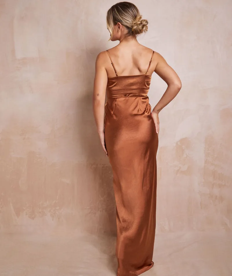 Clearance Six Stories Cami Cowl Front Satin Bridesmaid Dress - Rust