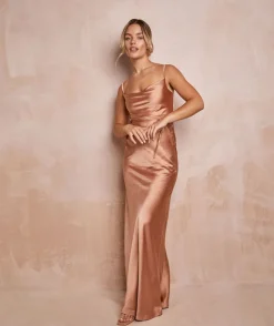 Hot Six Stories Cami Cowl Front Satin Bridesmaid Dress - Burnt Peach