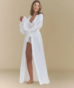 Hot Six Stories Chiffon Sleeve Maxi Satin Robe - White