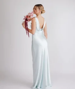 Best Six Stories Cowl Back Satin Bridesmaid Dress - Ice Blue