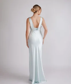Best Six Stories Cowl Back Satin Bridesmaid Dress - Ice Blue