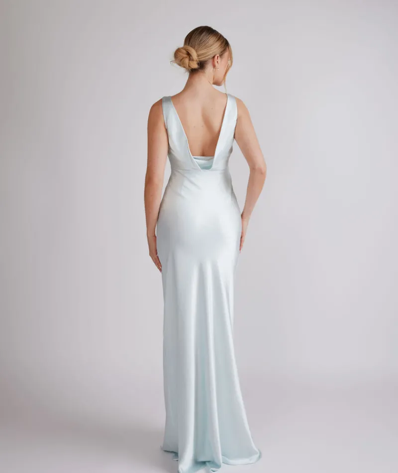 Best Six Stories Cowl Back Satin Bridesmaid Dress - Ice Blue