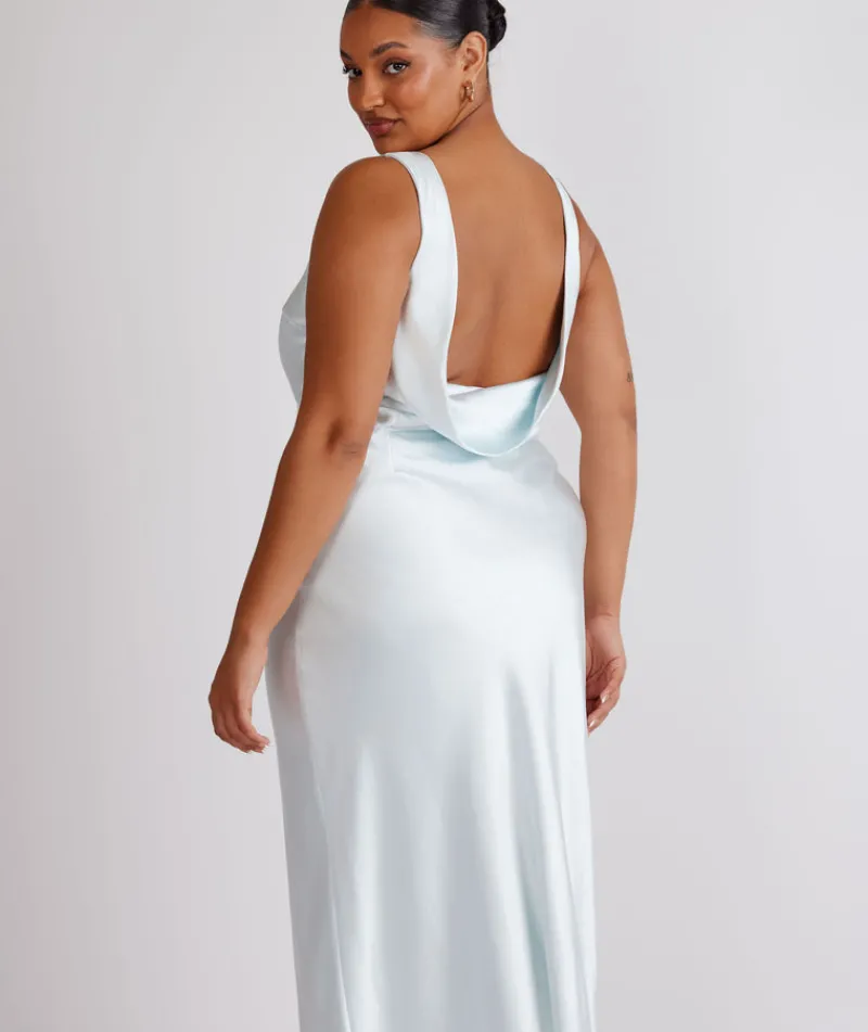 Best Six Stories Cowl Back Satin Bridesmaid Dress - Ice Blue